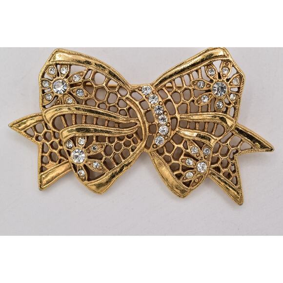1928 Vintage Floral Bow Pin Brooch Rhinestone Crystal Antiqued Gold 1980s BinBP - Picture 4 of 12